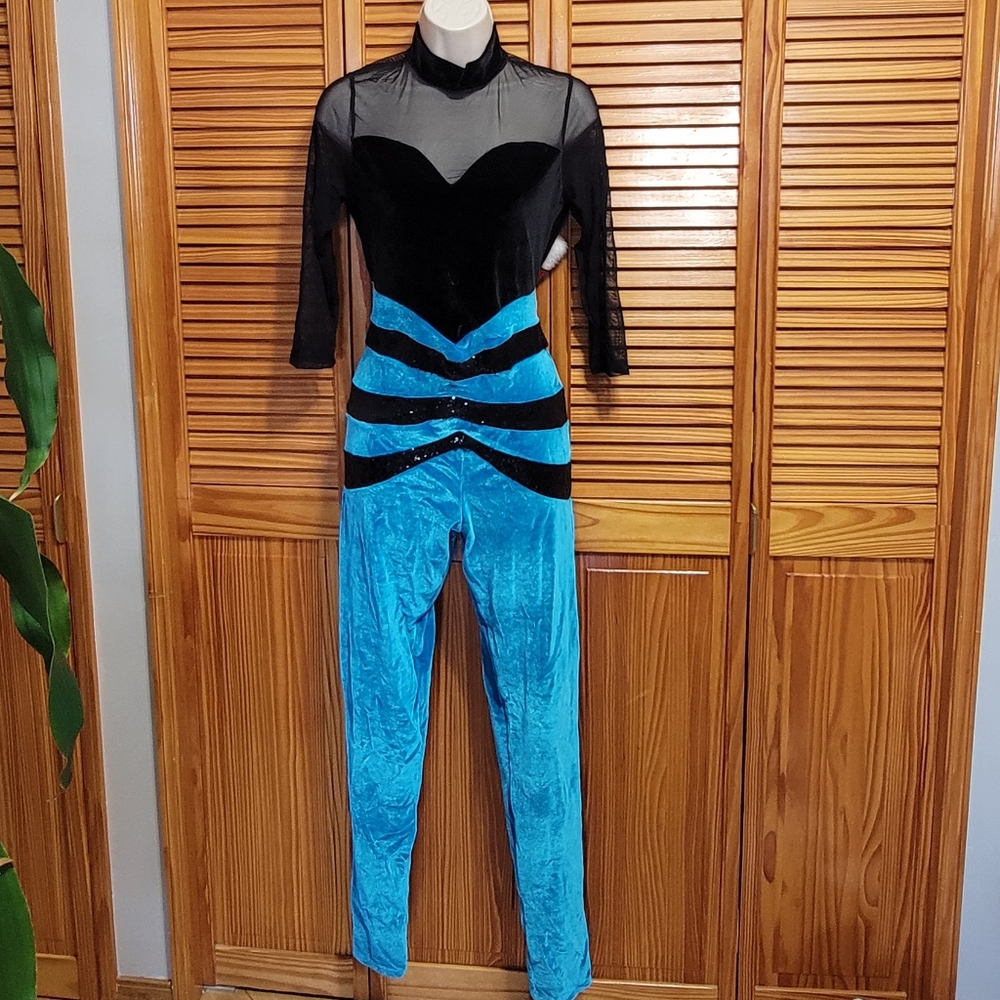 Black n Blue Disco Costume Theme Party Dance Stage Velvet Bodysuit sz Medium